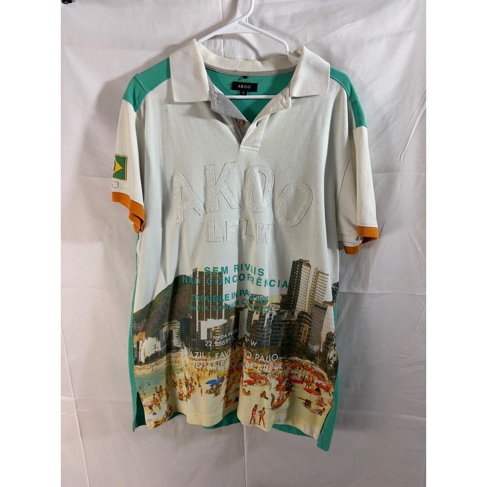 AKOO Mens‎ Favela Summer Collection Brazil Rio Beach Graphic Polo Shirt XL Teal